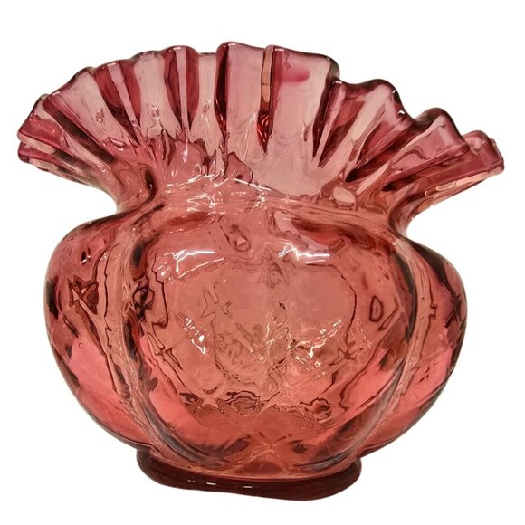 5" Fenton Cranberry Glass Vase Diamond Pattern Ruffled Edge - Picture 7 of 8